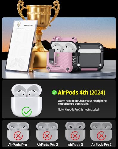 Image of Pohgelan for AirPods 4 Case with Safety Lock-Pink | Carbon Fiber Texture Cover,Magnetic Automatic Lock with Cleaning Kit&Keychain,Compatible with Magsafe