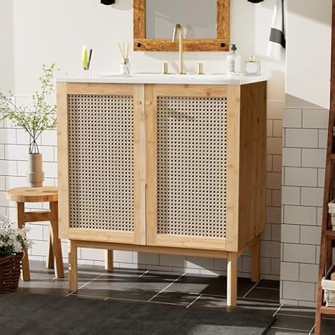 Lunanniu 30 Inch Bathroom Vanity with Sink Bamboo Freestanding Cabinet with Rattan Doors Ceramic Countertop for Bathroom Storage Boho Style Natural Wood Cover