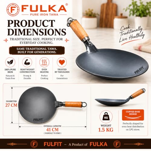 Image of Pure Iron Tawa for Roti /Chapati | Heavy Base Curved Loha Tawa with Rivet-Less Handle | Naturally Non-Stick & Chemical Free | Preseasoned with 100% Veg Oil | 1.5KG, 27CM / 10.6inch Concave