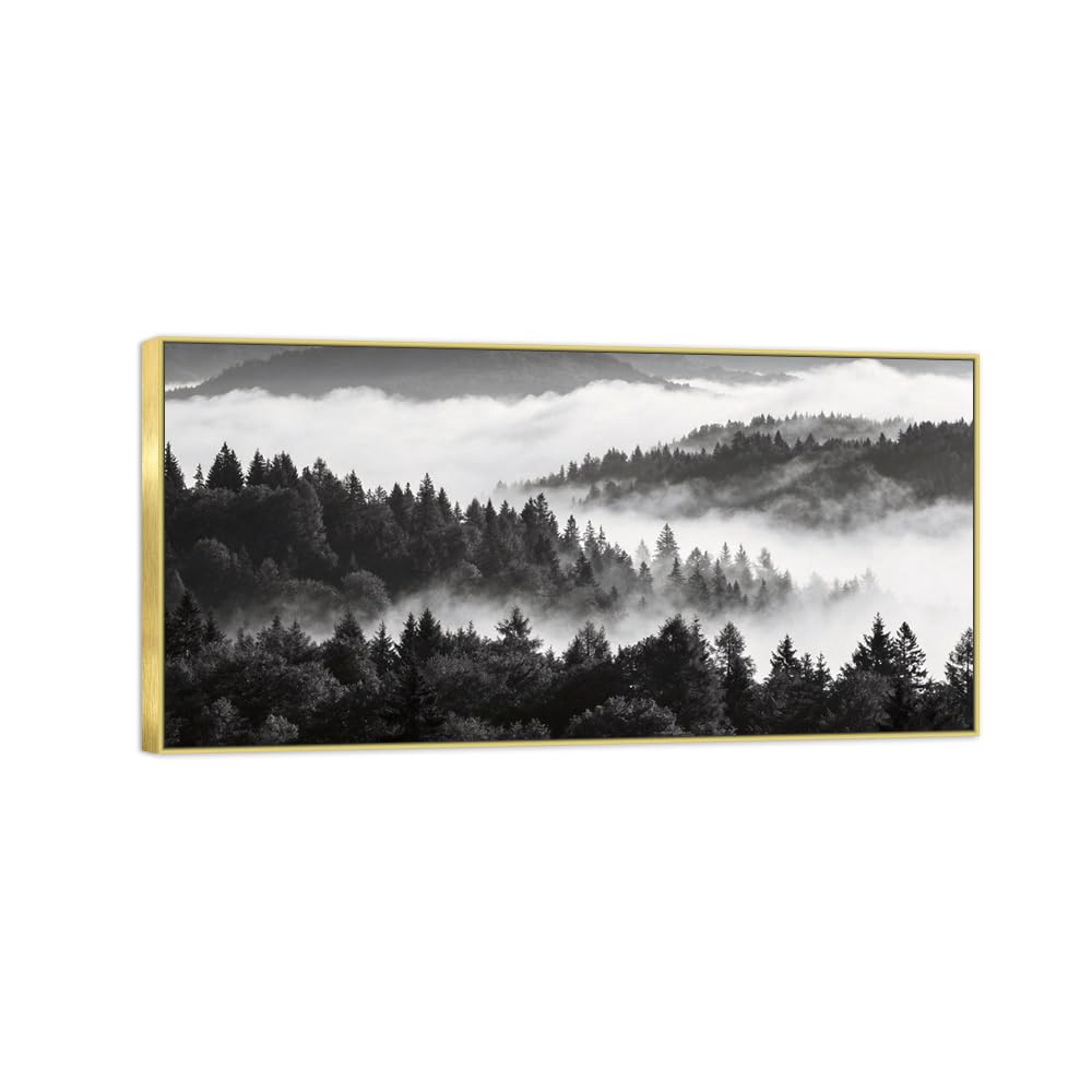 Tree Clouds 5 Black White Landscape Canvas Picture 50x100cm Gold Frame