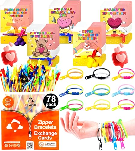 UpBrands 78 Valentine's Day Cards for Kids School with 78 Fidget Zipper Bracelets Party Favors Toys, Bulk Valentine's Day Gifts for Kids, Classroom Valentine Exchange Gifts - Student Incentives