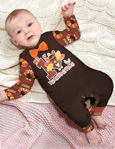My First Thanksgiving Baby Boy Outfit,Long Sleeve Romper+Suspender Pant+Turkey Hat 3PCS Thanksgiving Baby Boy Clothes2