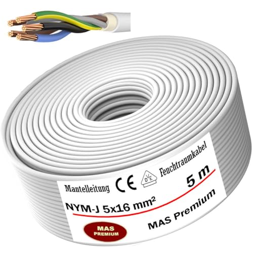 Cable de alimentación para ambientes húmedos, cable de alimentación de 5 a 20 m, NYM-J, 5 x 16 mm², anillo OFC para instalación fija (5 m)