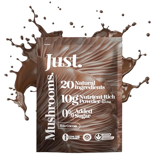 JUST Mushroom Powder 300g, Hot Chocolate Blend with Ashwagandha, Lion's Mane, Chaga, Cordyceps & Vitamin B Complex, Focus Supplement and Immunity Booster