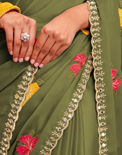 Image of SIRIL Women's Embroidery, Mirror Work, Scalloped Border Shimmer Georgette Saree With Unstitched Blouse Piece