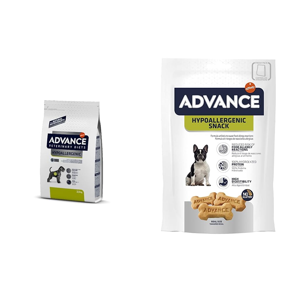 Advance Perro Veterinary Diet Hypoallergenic 2,5kg & Snacks Hypoallergenic - Galletas para Perros - Pack De 7 x 150 g - Total 1,05 kg