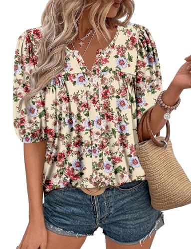 Magritta Womens Puff Half Sleeve Summer Tunic Tops Casual Chest Pleated Shirts Work Blouse for Women Dressy