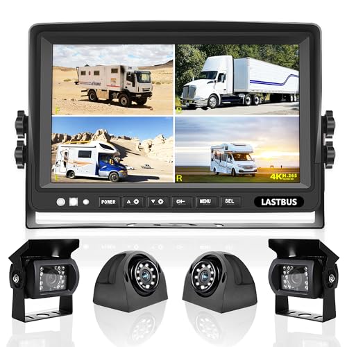 7'' RV Camera System for RV Semi-Truck Trailer Camper, 4 Split Screen Quad View HD DVR Recording Monitor + IP69K Waterproof Night Vision Rear & Side View Backup Camera to Eliminate Blind Spots