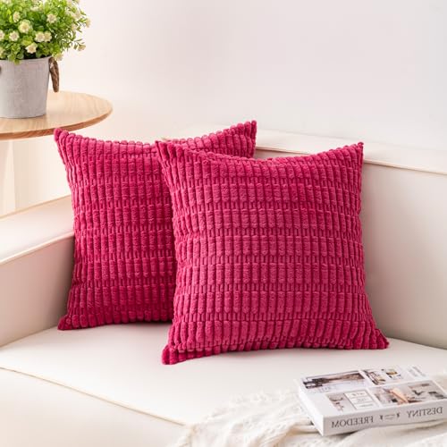 Image of Pack of 2 Corduroy Decorative Throw Pillow Covers 22x22 Inch, Rose Red | Fall Soft Striped Pillow Covers Modern Farmhouse Home Decor Christmas Throw Pillow Covers for Sofa Living Room Couch Bed