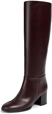 Womens Knee High Boots Faux Leather Square To Tall Boots Fashion Chunky Block Heel Long Boots with Side Zip