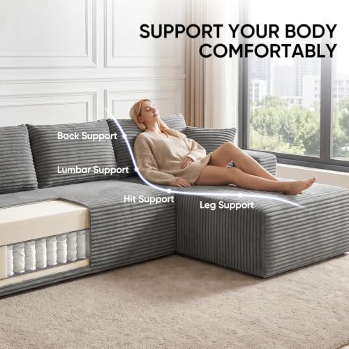 Image of Boneless Couch, 102.4 inch Sectional Couches for Living Room with L Shape Sofa | Cloud Couch Sectional with Chaise, Modular Cloud Sofa with Deep Seat, No Assembly, Beige, Corduroy, Right Chaise