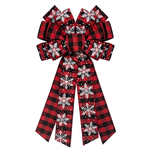 Hying Large Christmas Bow for Wreath, Red Black Buffalo Plaid Bows for Front Door Wall Fence Decor, Snow Wreath Bow Tree Topper for Winter Party Decoration Supplies