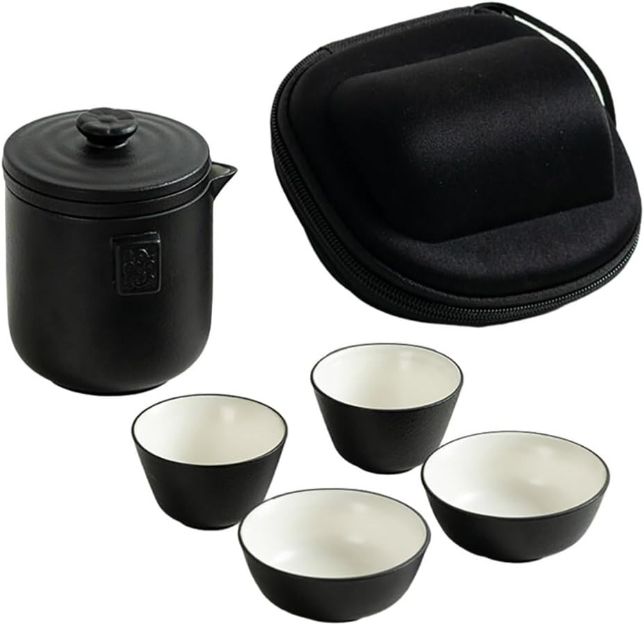 Tea Set,1 Set Travel Tea Set Tea Cup Tea Kettles Tea Infuser Chinese Tea Pot Chinese Kung Fu Tea Chinese Tea Brewing Kit Cup for Couple Travel Tea Serving Kit Ceramics Portable, Black