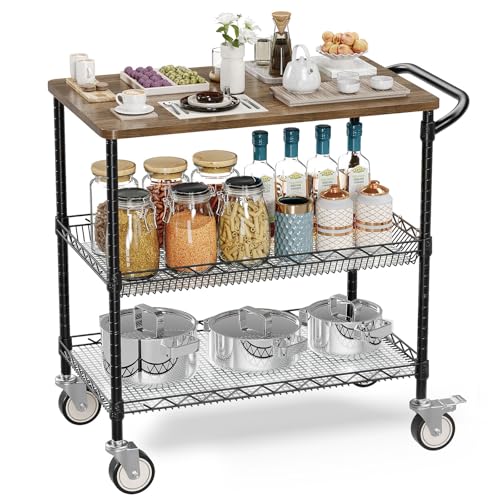 Leteuke 3 Tier Rolling Carts with Wheels, Heavy Duty Rolling Utility Cart with Wood Tabletop, NSF Commercial Grade Metal Cart with Handle and Shelf Liner,Trolley Serving Cart for Kitchen, Black