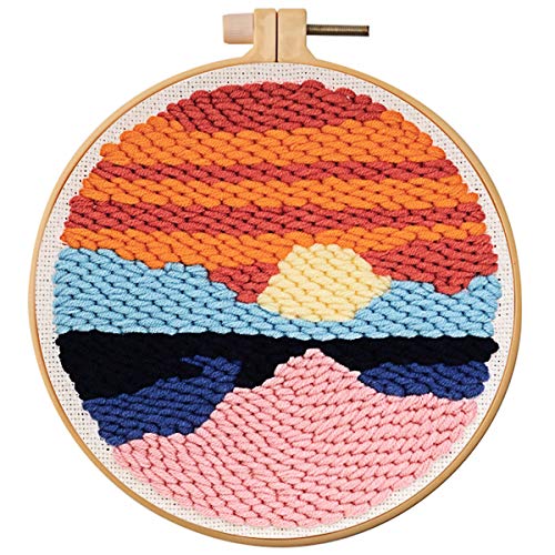 Punch Needle Kits, MOMSIV DIY Rug Hooking Kit for Adults Kids Beginner with an Adjustable Embroidery Pen Yarn Rug Punch Needle Hoop (Sunrise)