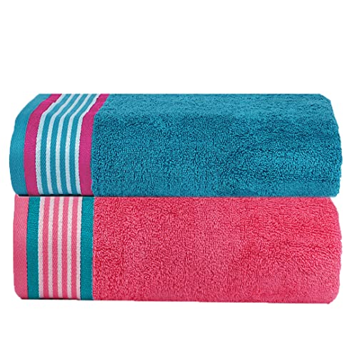 Image of Casa Copenhagen, Germany Design - He & She Super Soft Collection 2 Pieces 100% Cotton Large Bath Towel (Size : 70 x 140 cm) - Teal & Pink