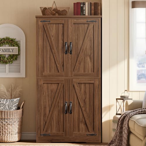 Image of TEENFON 58 inch H Storage Cabinet with Adjustable Shelf, Kitchen Cabinet with 4 Doors, Farmhouse Pantry Cabinets, Cupboard for Kitchen, Bathroom, Living Room, Walnut