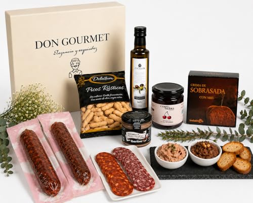 DON GOURMET, Cesto Gourmet para presente, personalizável, queijo curado, presunto ibérico, chouriço ibérico, lote enchidos ibéricos, azeite, pacote ibérico, presente dia da mãe. (Cesto 10)