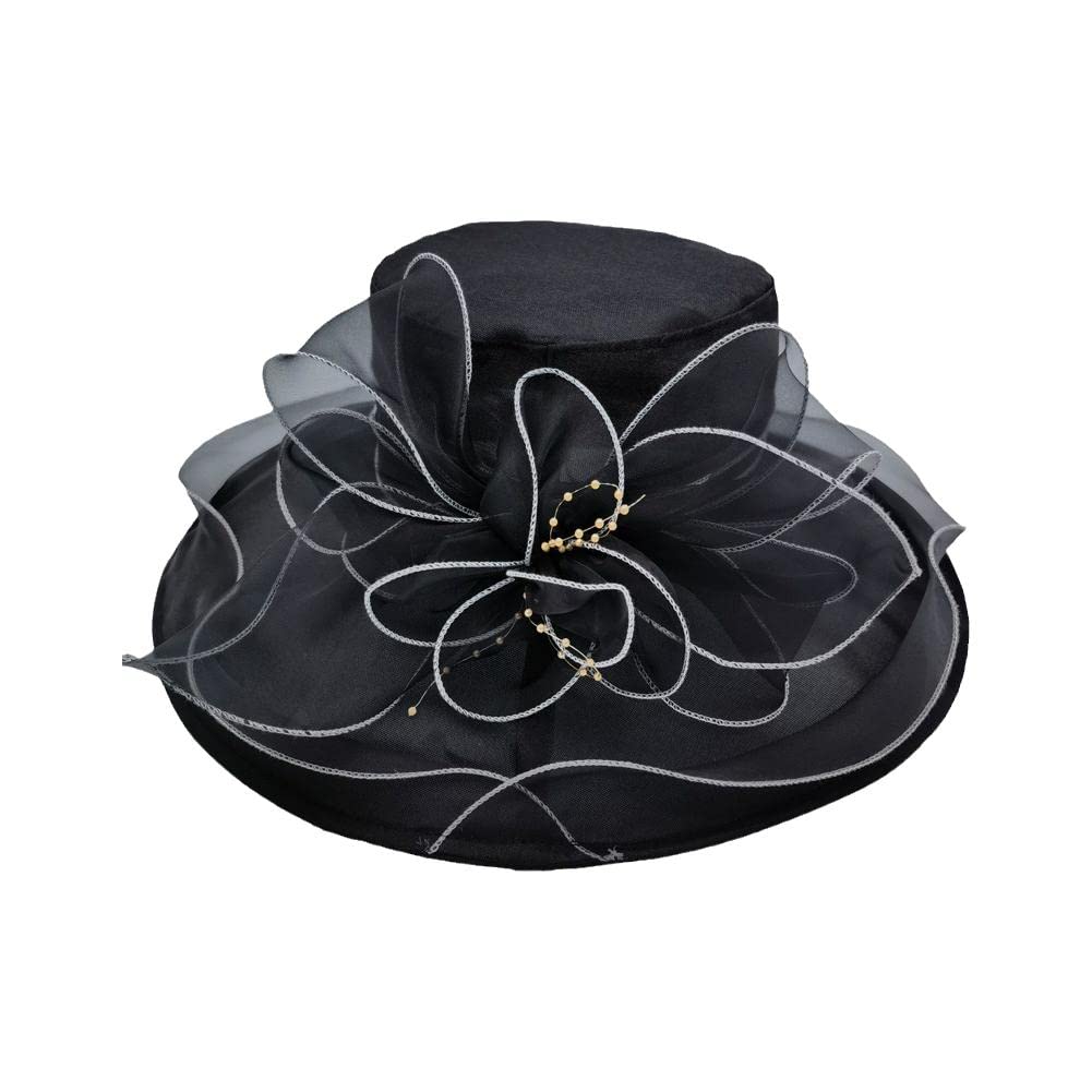 LIUZHIPENG Sombrero de organza para mujer, tocado de iglesia, ala ancha, con flores, para boda, cóctel, fiesta, despedida de soltera, tocado
