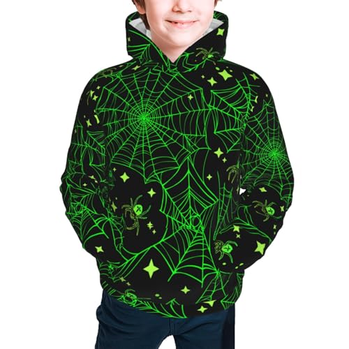 Green Bright Web with Spiders Kid Hoodies Boys Sweatshirts Girls Pullover with Pocket3