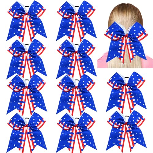 American USA Flag Cheer Bows for Girls,Red White and Blue Patriotic Flag Festival Hair Bow With Elastic Band Hair Accessories (red white)
