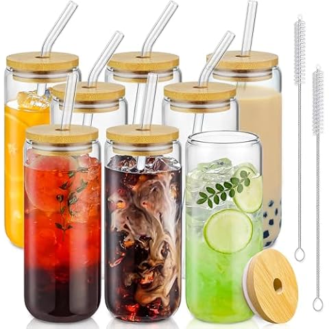 SENTVEND 20 Oz Drinking Glasses with Bamboo Lids and Glass Straw - 8 Pcs Can Shaped Glass Cups Beer & Ice Coffee Glasses Cute Tumbler Cup Great for Soda Boba Tea Cocktail Include 2 Cleaning Brushes Cover