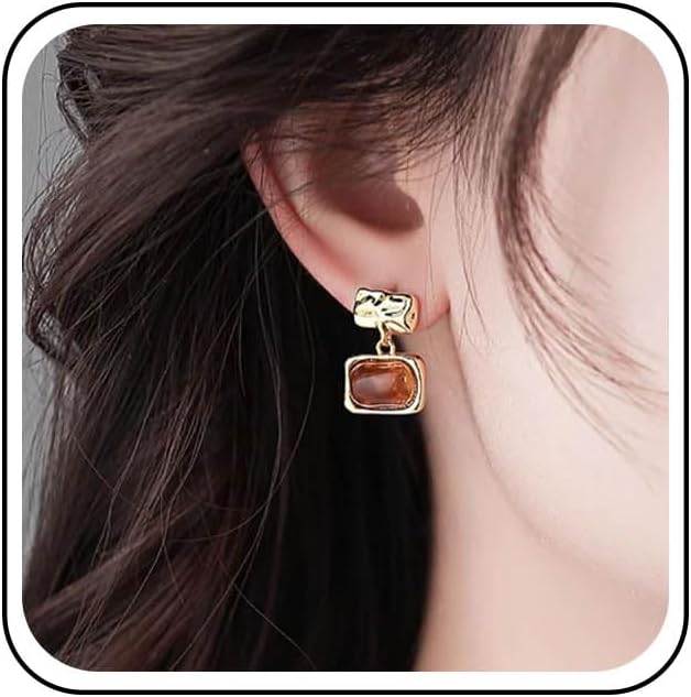 Vintage Tiger Eye Square Drop Earrings Gold Hammered Square Earrings Brown Amber Rectangle Earring Chunky Geometric Earring Jewelry for Women