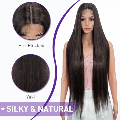 Joedir 34" Long Yaki Straight Lace Front Brown Synthetic Wigs Middle Part HD Transparent Glueless Lace Wig Heat Resistant Fiber Pre Plucked Hairline with Baby Hair Wig for Women - Image 4