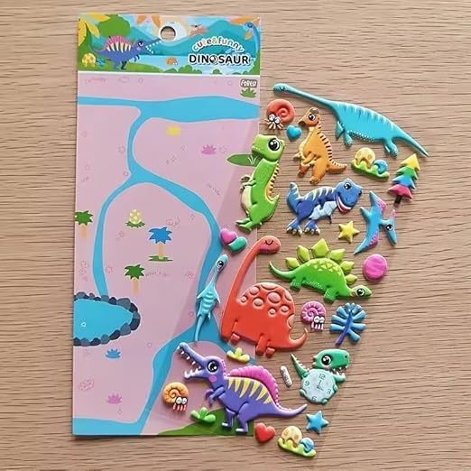 Image of Cots and Cuddles 3D Puffy 120+ Dinosaur Stickers 3D T-Rex, Spinosaurus, Triceratops, Diplodocus Scrap Book Decoration for Boys & Girls |4 Strap, Dinosaur Sticker, Plastic, Multicolor