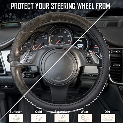 Image of CAR PASS Diamond Black Leather Steering Wheel Cover, with Bling Crystal Rhinestones Universal Fit 14 inch 1 /2-15 inch Crystal Glitter for Women Sparkle Girl Fit Suvs,Vans,Sedans,Cars,Trucks, White Diamond