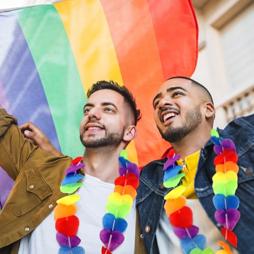 Image of HunnmingRe 100 Pcs Rainbow LGBT Pride Accessories Rainbow Heart Banner Leis Progress Garland LGBTQ Gay Neck Loop Pride Month Floral Decorations for Parade Tropical Hawaiian Luau Party Decorations