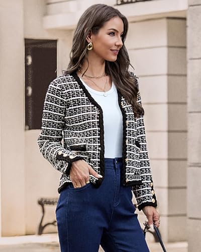 Belle Poque Women Cardigan Sweaters Tweed Pattern Jacket V Neck Sweater Blazer with Button for Fall Winter Spring3