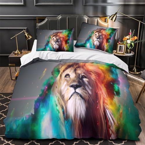 Housse de couette lion parure de lit 3 pièces microfibre king 220x240cm