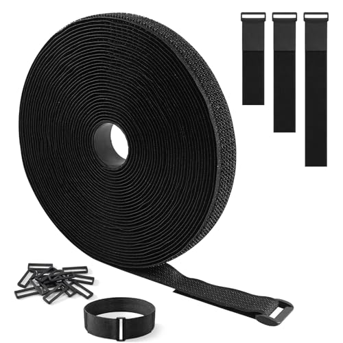 Adjustable Cable Straps with 30 Buckles Cut-to-Length Hook and Loop Strips Black Reusable Fastening Cable Ties for Cable Tidy Wire Management Cord Organiser