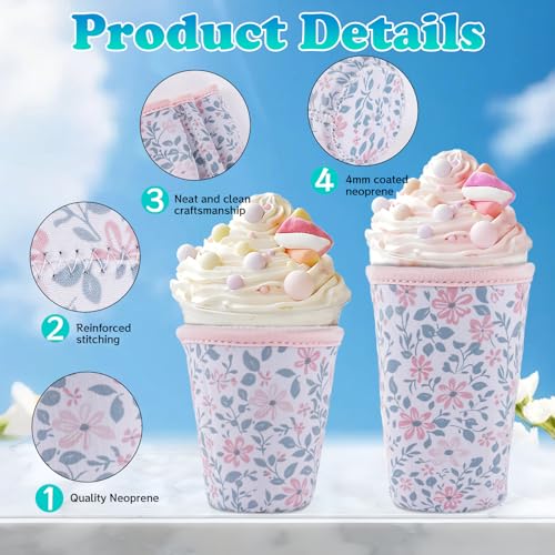Image of 3 Packs Reusable Iced Coffee Sleeves - Flower Neoprene Cup Sleeve for Hot and Cold Drinks, Insulated Drink Sleeve for 16-32oz Soda Cans Beverages Water Bottles, Christmas Gift for Friends