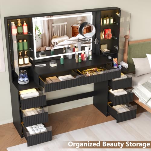 Image of BORNOON 59 inch Large Vanity Desk, 360 Dual-Sided Mirror Dressing Table