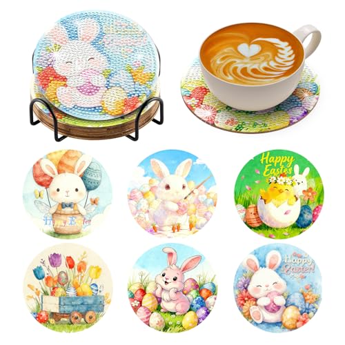 BNG Easter Diamond Painting Untersetzer Mit Halter, 6 Stück DIY Bastel Untersetzer für Erwachsene, Kunstmalerei Sets für Frauen, Anfänger, Diamant Bastelzubehör