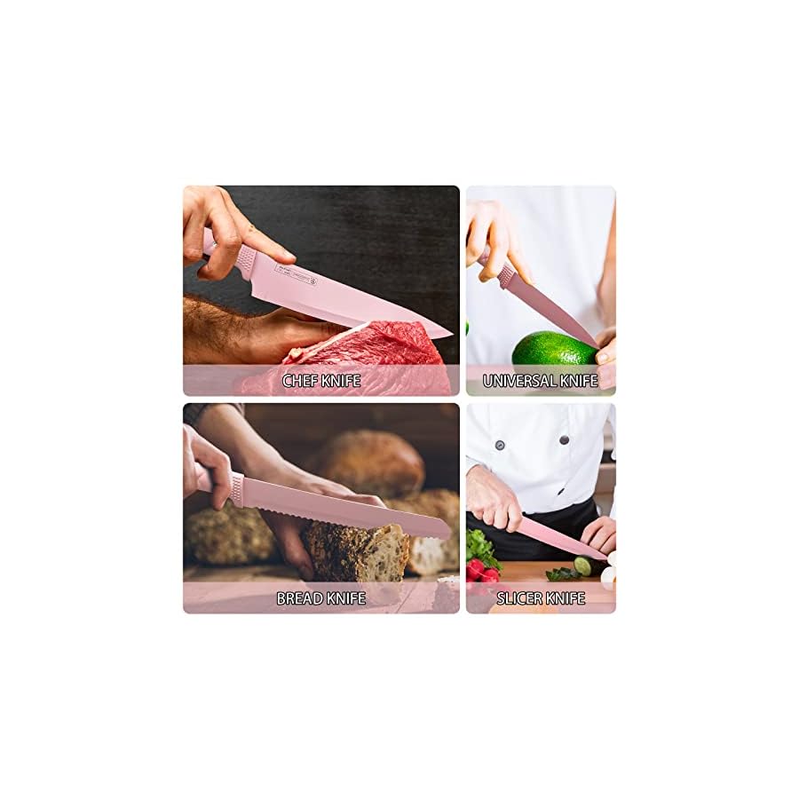 Kitchen Knife Set, Retrosohoo Pink Flower 6PC Stainless Steel Sharp Chef Cooking Non-slip Knife Set with Acrylic Stand & Block, Non-stick Colorful Coating Gift for Women Girls (Pink)