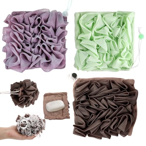3 Pcs Soap Bar Loofah, 2 in 1 Bar Soap Loofah Pouch Can Hold Soap Effective Exfoliation for Bathing (Green+ Coffee Brown+ Purple)