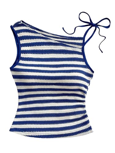 Verdusa Women's Striped Tie Shoulder Tank Top Sleeveless Knit Going Out Tops Royal Blue Large