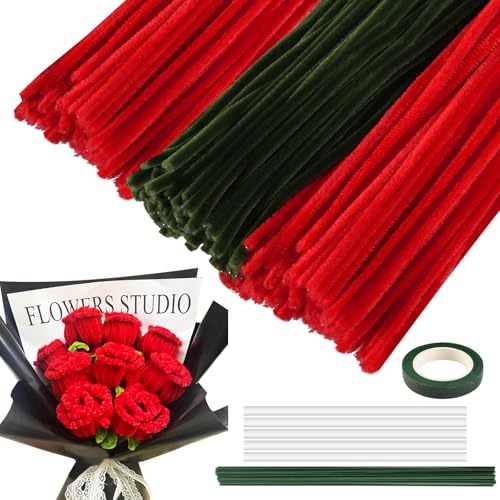 手芸モール バラの手芸キット 赤色 ＋グリーン色 約300本 6ｍｍ カラーモール 人工花茎20本 フラワーテープ1巻付き DIY モールフラワー インテリア飾り/手芸用 工作モール 記念日/誕生日/母の日/バレンタインデー贈り物【改良・説明書を付き】