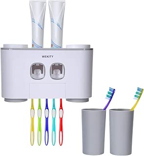 Wekity Toothbrush Holder Multifunctional Wall-Mounted Space-Saving Toothbrush and Toothpaste Squeezer Kit with Dustproof Cover, 5 Toothbrush Slots, 2 Automatic Toothpaste Dispenser and 4 Cups (Grey) - coolthings.us