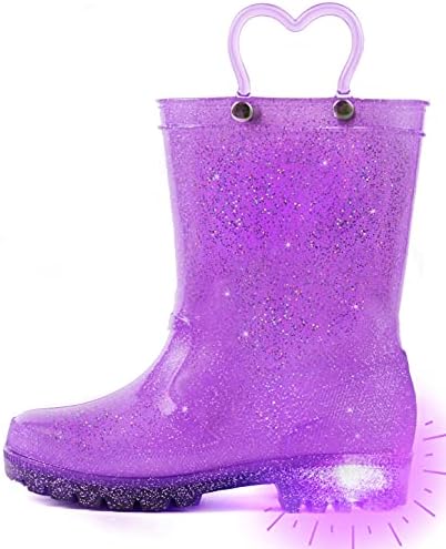 Outee Toddler Girls Rain Boots Kids Baby Light Up Glitter Waterproof Rubber Mud Shoes Lightweight Sparkle Purple Adorable with Easy-On Handles Non Slip (Size 10,Purple)
