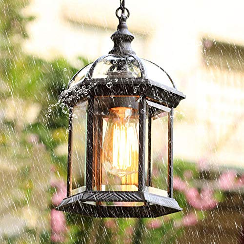 Mengjay E27 Hängelampen Außen Pendelleuchte Schwarz Retro IP44 Decken Vintage Industrielle Eisen Deckenbeleuchtung Regendichte Wasserdichte Pavillon...