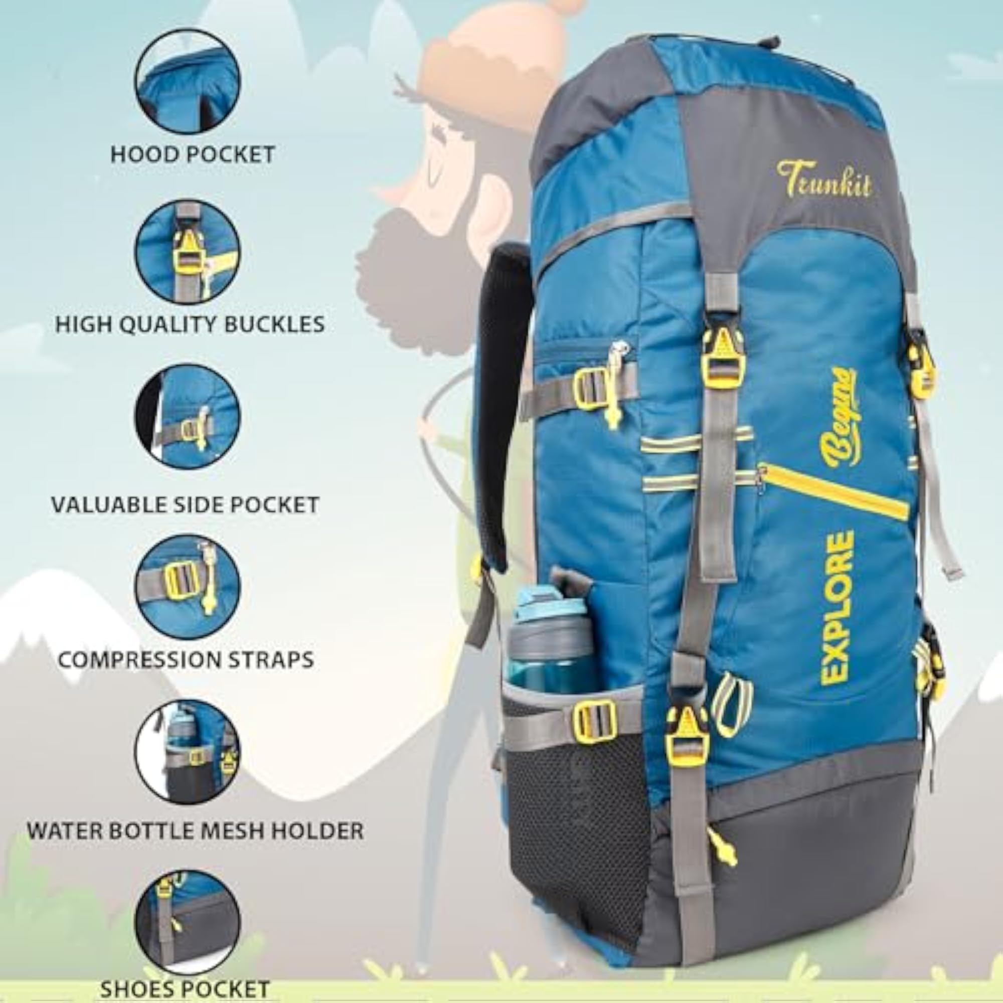 Travel Rucksack for Hiking and Camping, Unisex