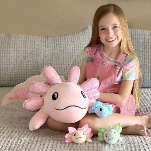 Image of MaoGoLan Giant Axolotl Plush with 3 Babies Inside, 33 inch Axolotl Stuffy | 33 Inch Pink Sequin Mommy Salamander Set For Kids Girls Boys, Kawaii Room Decor, Birthday Christmas Gift, Soft Pillow