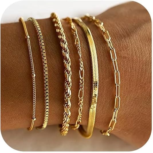 YKingder Gold Bracelets for Women Waterproof, 14K Gold Jewelry Sets for Women Trendy Thin Dainty Stackable Cuban Link Paperclip Chain Bracelet Pack Fashion Accessories Gifts for Womens