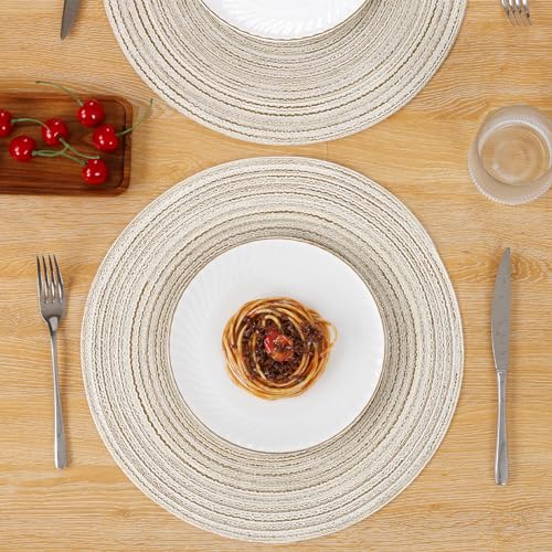 Image of SHACOS Round Braided Placemats Set of 4 Washable Table Placemats Cotton Polyester Place Mats 15 inch Circle Table Mats for Holiday Party (Ivory, 4)