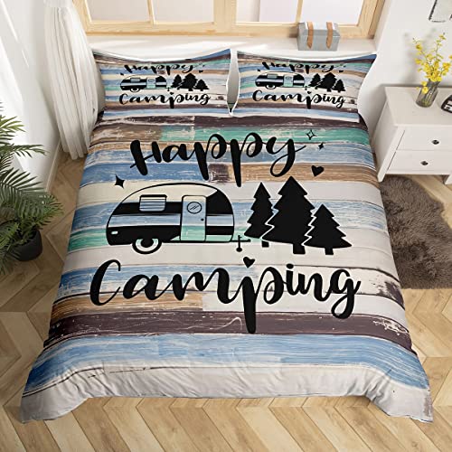 Happy Camping Bedding Set Farmhouse Brown Blue Wood Barn Comforter Cover Set for Kids Teens Bedroom Decor RV Camper Travelling Duvet Cover Microfiber Breathable Bedspread Double Size