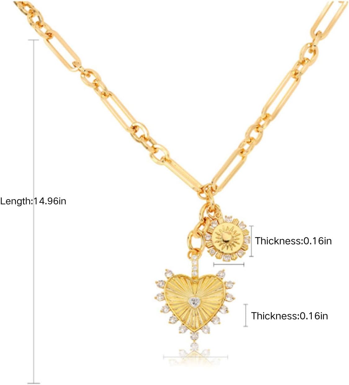Chunky Gold Heart Necklaces for Women 18K Gold Plated Charm Necklace Sun Pendant Chain Jewelry. - Image 6